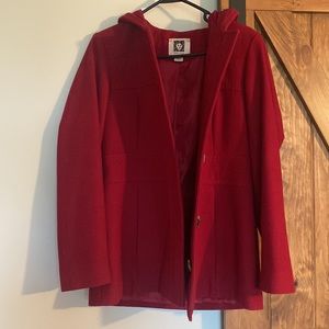 Red hooded pea coat
